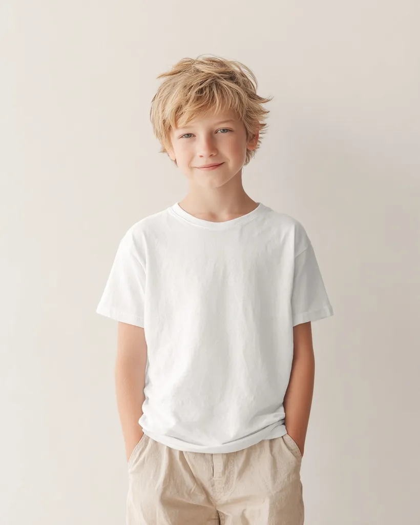A young boy with blond, slightly messy hair stands against a light beige background. He's wearing a simple, white crew-neck t-shirt and light beige casual pants.  His hands are in his pockets, and he offers a pleasant, straightforward gaze directly at the camera. The overall impression is one of casual innocence and natural charm.