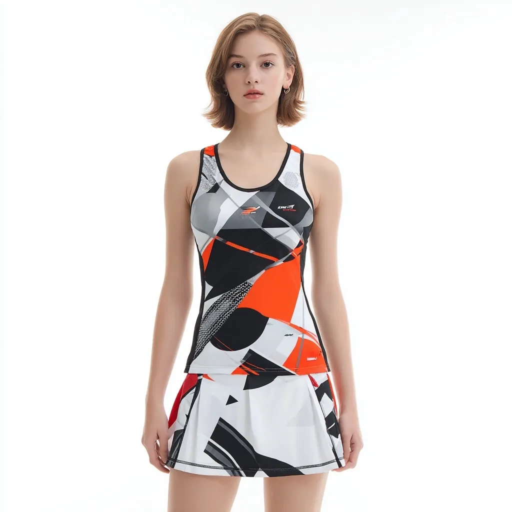 A young woman models a stylish athletic outfit.  The ensemble features a sleeveless, racerback top and a pleated mini skirt, both adorned with a vibrant, geometric print in shades of white, black, and orange. The design is modern and bold, suggesting active wear for sports like tennis or badminton. The model's short hair and poised posture complement the sporty yet fashionable look.