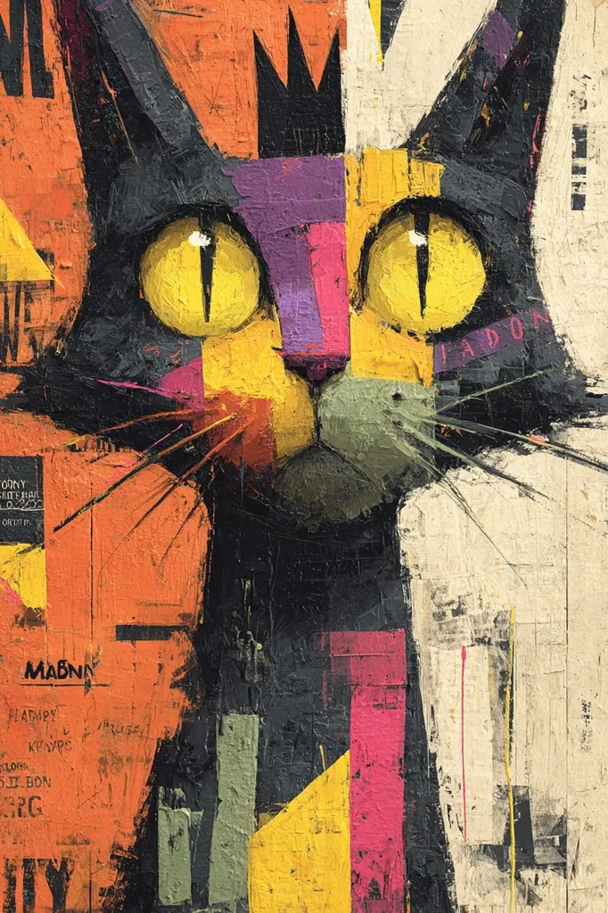 A stylized abstract portrait of a cat's face dominates the artwork.  Bold, geometric shapes in oranges, yellows, purples, and blacks form the cat's features, overlaid with textural brushstrokes and snippets of what appears to be collaged text and numbers.  The cat's large, expressive yellow eyes are a focal point, set against a background of contrasting colors and textures. The overall effect is a vibrant and energetic piece.