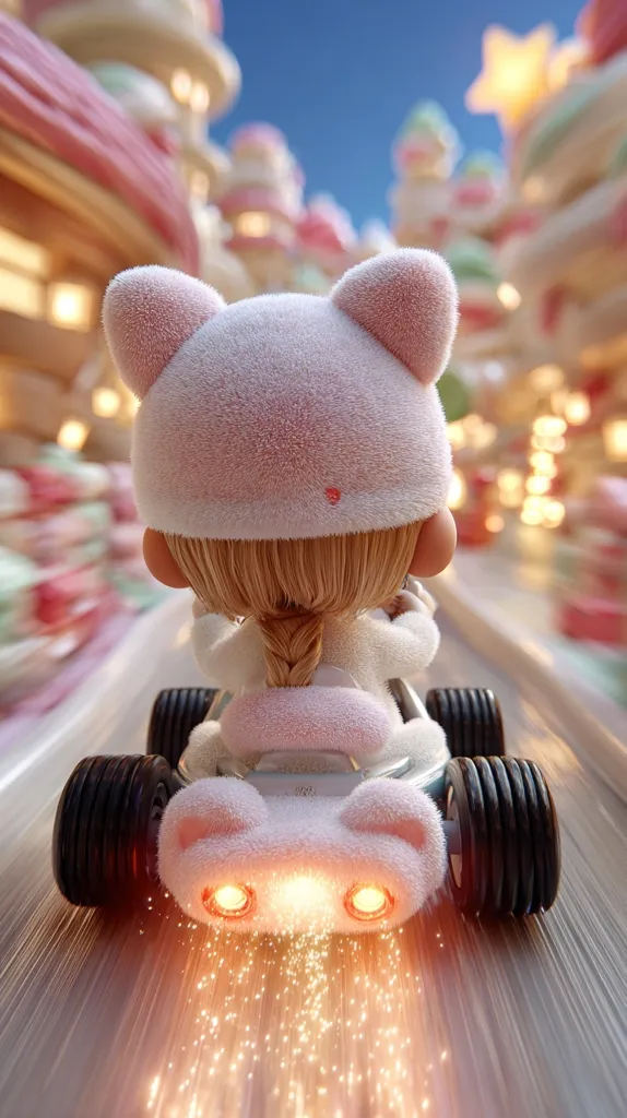 A cute, fuzzy, pink-hooded character speeds down a bright track in a miniature go-kart.  The track is surrounded by a blurred, whimsical candy-colored cityscape.  The go-kart glows with bright lights, leaving a sparkling trail behind it. The character's blonde hair is braided down their back. The overall scene is playful and fantastical.