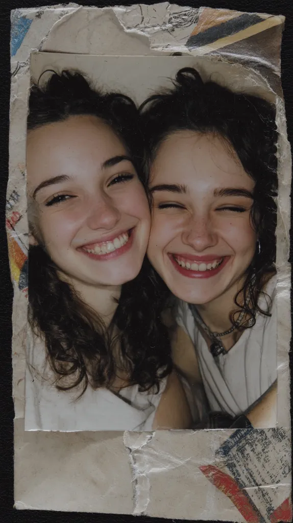 A close-up photograph shows two young women with dark, curly hair, embracing each other.  Both are smiling broadly, revealing their teeth. The photo is slightly faded and affixed to a worn, textured envelope, adding a nostalgic feel.  The women appear to be twins or very close sisters, sharing a warm and intimate moment.