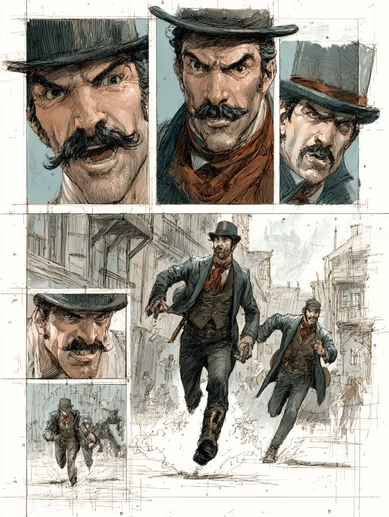 A comic book page depicts a stern-faced man with a mustache in a top hat, shown in multiple close-ups.  Below, two men in similar attire run through a Wild West-style town, pursued by others.  The art style is sketchy and textured, suggestive of pencil and watercolor, with visible background sketching. The overall mood is tense and action-oriented.