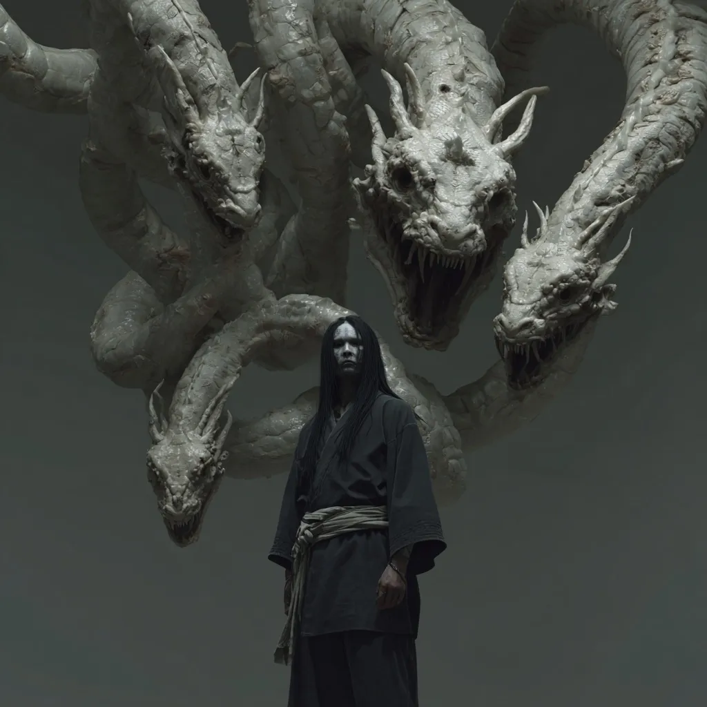 A figure with long black hair and pale face, dressed in a dark robe and sash, stands defiantly before a multi-headed serpentine dragon. The dragon's pale, textured skin and menacing expression create a stark contrast to the figure's calm demeanor.  The scene is set against a muted grey background, enhancing the dramatic tension between the human and the monstrous creature. The overall mood is dark and mysterious.