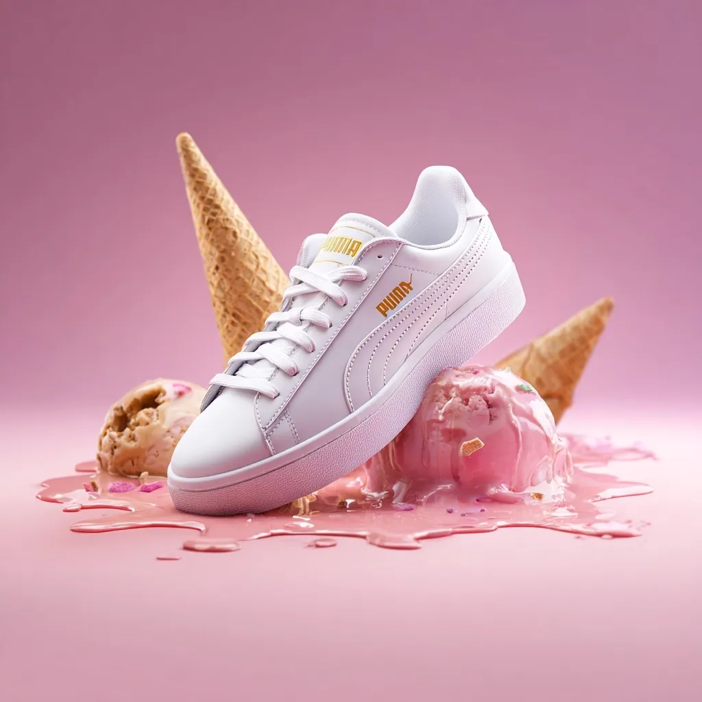 A white Puma sneaker with gold branding rests atop melting ice cream scoops and waffle cones on a pink background.  The ice cream is pink and features sprinkles. The scene is styled for a whimsical, sweet aesthetic, suggesting a playful and fashionable connection between footwear and dessert. The shoe appears clean and new, contrasting with the messy, melting ice cream.