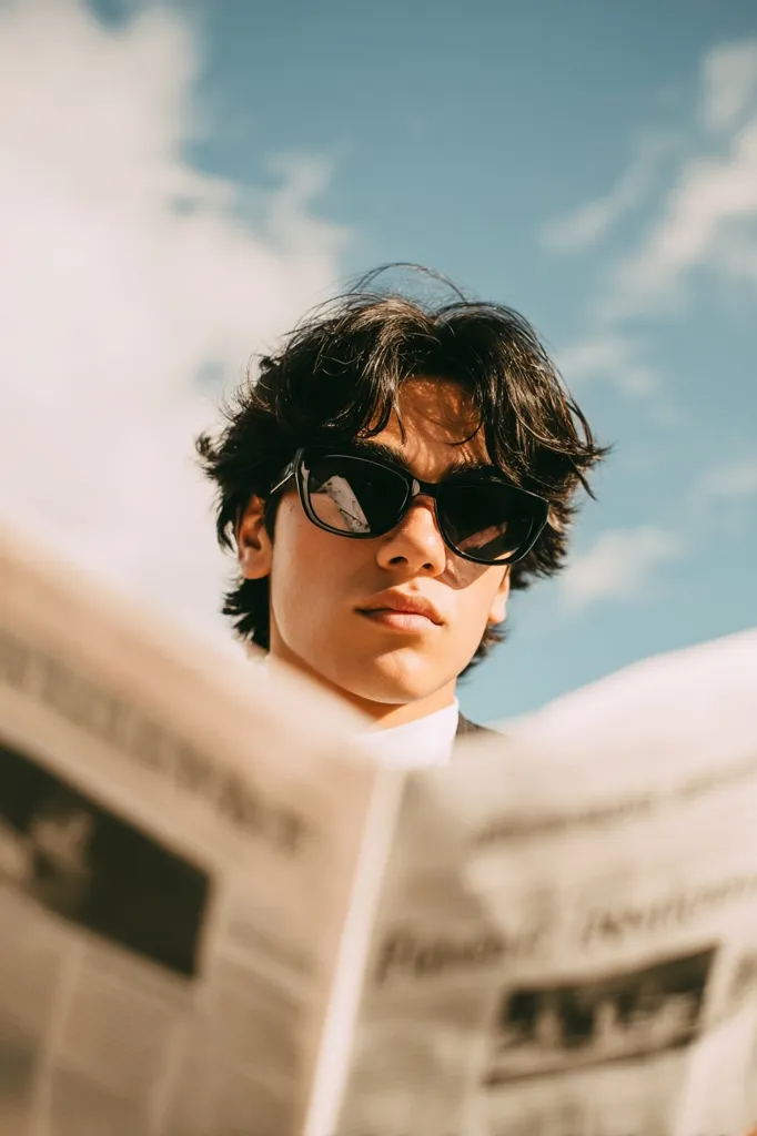 A young man with dark, wavy hair and black sunglasses looks intently at a newspaper.  He's dressed in a light-colored collared shirt and a dark jacket, partially visible. The image is sun-drenched, with a bright sky visible in the background. The focus is primarily on the man, with the newspaper slightly blurred, creating a depth-of-field effect.