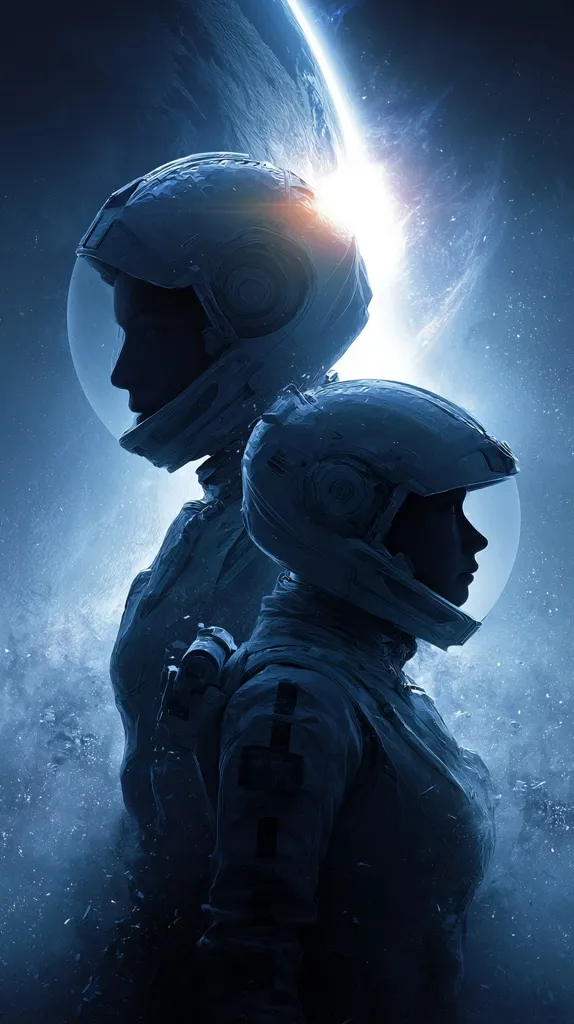 Two astronauts, silhouetted against a backdrop of a distant planet and the luminous glow of space, stand shoulder-to-shoulder. Their spacesuits, sleek and futuristic, suggest a journey into the unknown.  The dramatic lighting and atmospheric dust particles create a sense of vastness and isolation, emphasizing the perilous beauty of their interstellar mission.