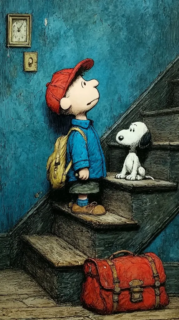 Charlie Brown, wearing a red cap and carrying a yellow backpack, stands on a wooden staircase, looking upward.  Snoopy sits patiently on the step below.  A red suitcase rests at the foot of the stairs. The background is a textured blue wall with a clock and light switch visible. The scene evokes a feeling of anticipation or departure.