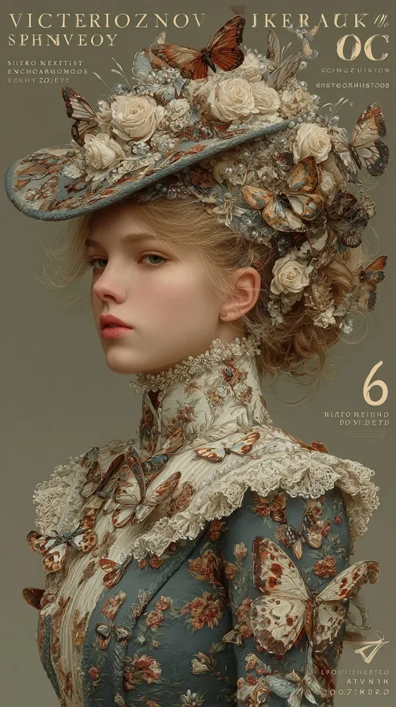 A digital painting depicts a young woman with fair skin and blonde hair styled elaborately.  She wears a large hat adorned with roses and butterflies, and a teal dress intricately patterned with more butterflies and floral designs. The overall style is reminiscent of Victorian-era fashion, with a dreamy, ethereal quality.  The image is highly detailed, showcasing intricate textures and delicate brushwork.