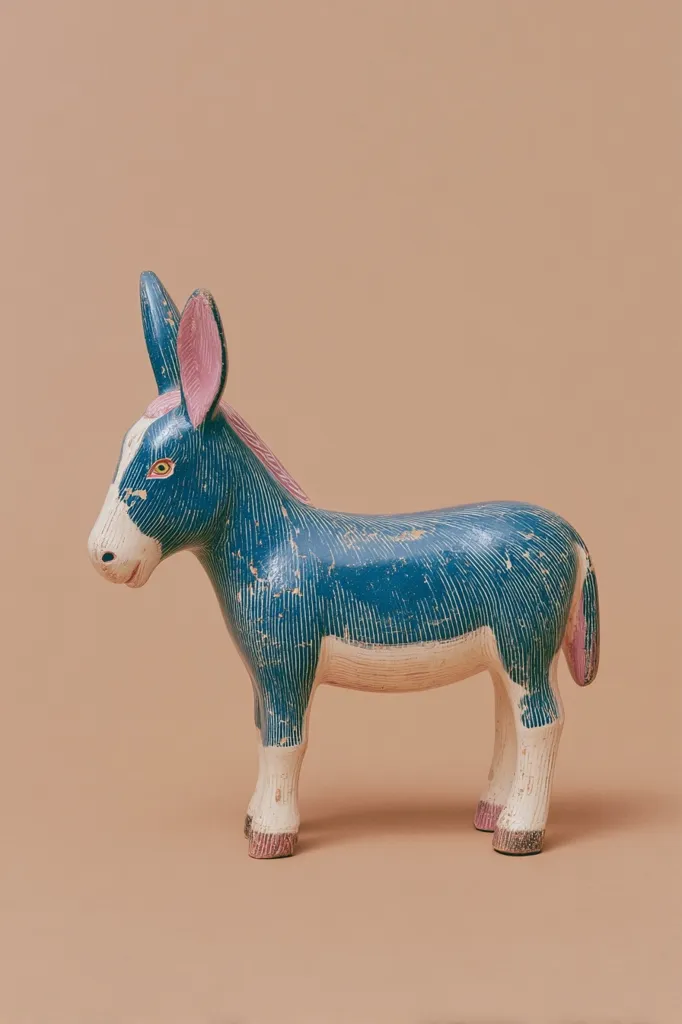 A teal-colored wooden donkey figurine stands against a beige backdrop.  The donkey is hand-painted with white accents and pink inner ears, showcasing a simplistic, folk-art style.  Its body is textured to mimic fur, and its legs are short and sturdy. The overall impression is one of rustic charm and simple elegance.