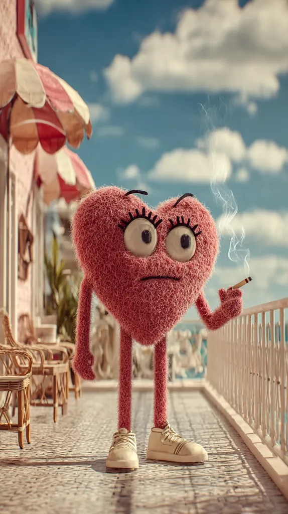 A fluffy pink heart-shaped character, wearing sneakers, stands on a balcony overlooking a sunny seaside scene.  It holds a small cigarette, emitting a wisp of smoke, and its expression is one of weariness or contemplation. The background features a pastel-colored building with striped awnings, adding to the whimsical, slightly melancholic atmosphere.