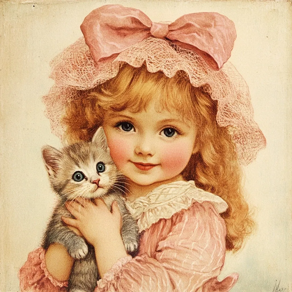 A charming vintage illustration depicts a young girl with rosy cheeks and blonde curls, gently cradling a grey kitten.  She wears a pink dress and bonnet adorned with a large pink bow and lace. The soft, pastel colors and delicate details evoke a sense of warmth and innocence, characteristic of early 20th-century children's art. The girl's tender expression and her bond with the kitten create a heartwarming scene.