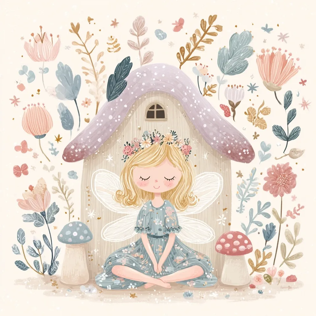 A serene fairy with blonde hair and a floral crown sits cross-legged before a whimsical mushroom house.  She wears a delicate blue dress and has translucent wings.  The scene is surrounded by a profusion of pastel flowers and foliage, creating a magical and peaceful atmosphere.  Two toadstools flank the fairy's dwelling, adding to the fairytale charm.