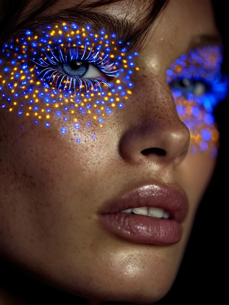 Close-up of a woman's face, showcasing intricate, glowing makeup.  Blue and gold light patterns adorn her eyelids, surrounding her eyes and lashes. Her skin has a natural, radiant glow, complemented by a soft pink lip color. The overall effect is futuristic and ethereal, highlighting the beauty of the model's features.