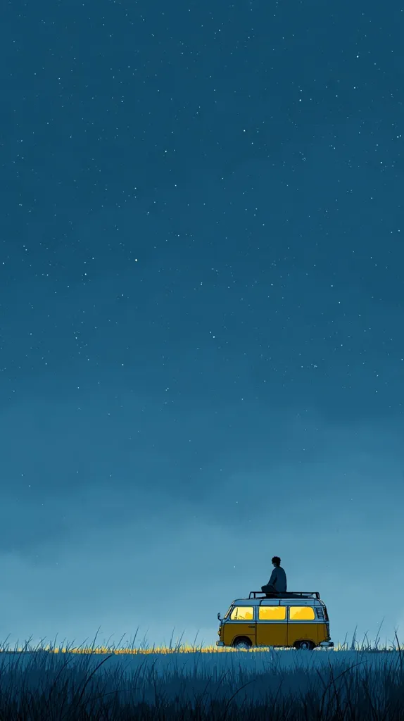 A person sits atop a vintage yellow van parked in a field under a twilight sky dotted with stars.  The scene is serene and peaceful, evoking a sense of solitude and adventure.  The van's interior glows with a warm light, contrasting with the cool tones of the night. The overall impression is one of quiet contemplation and freedom.