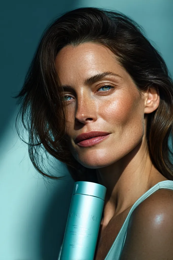 A woman with long, dark brown hair and striking blue eyes looks directly at the camera.  Her skin is subtly highlighted, showcasing a healthy glow. She holds a light teal bottle of skincare product, possibly a lotion or serum, against her chest. The background is a muted teal, creating a serene and sophisticated atmosphere. The overall image projects a feeling of natural beauty and wellness.
