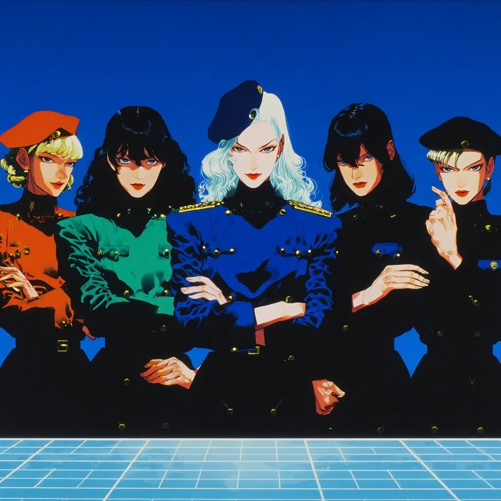 Five women in stylized military uniforms stand in a row against a vibrant blue background.  Each woman wears a different colored jacket – red, green, blue, black, and black – and a matching cap. They are depicted with bold features and dramatic poses, creating a powerful and striking image.  A gridded, light-blue surface is at the bottom. The overall style is reminiscent of anime or manga.