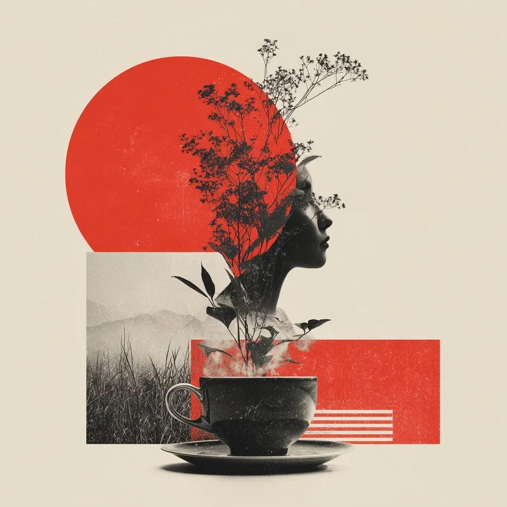 A stylized collage features a woman's profile seamlessly blended with a plant sprouting from a teacup.  The image is composed of monochromatic elements—black, white, and gray—contrasted by bold red geometric shapes, creating a visually striking and evocative piece.  A misty ambiance surrounds the plant, adding a sense of tranquility and mystery.  The overall style is reminiscent of modern surrealism.