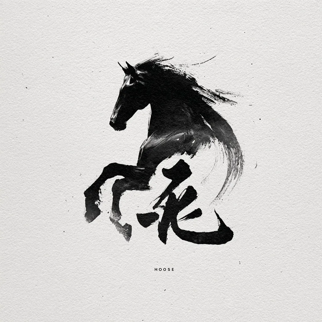 A striking monochrome illustration depicts a rearing black horse, its form dynamically rendered in a style reminiscent of ink wash painting.  The horse's silhouette elegantly overlaps with the Chinese character for "horse," creating a visually cohesive and powerful image.  The textured background enhances the artistic effect, evoking a sense of movement and energy. The word "HOOSE" is subtly placed below.