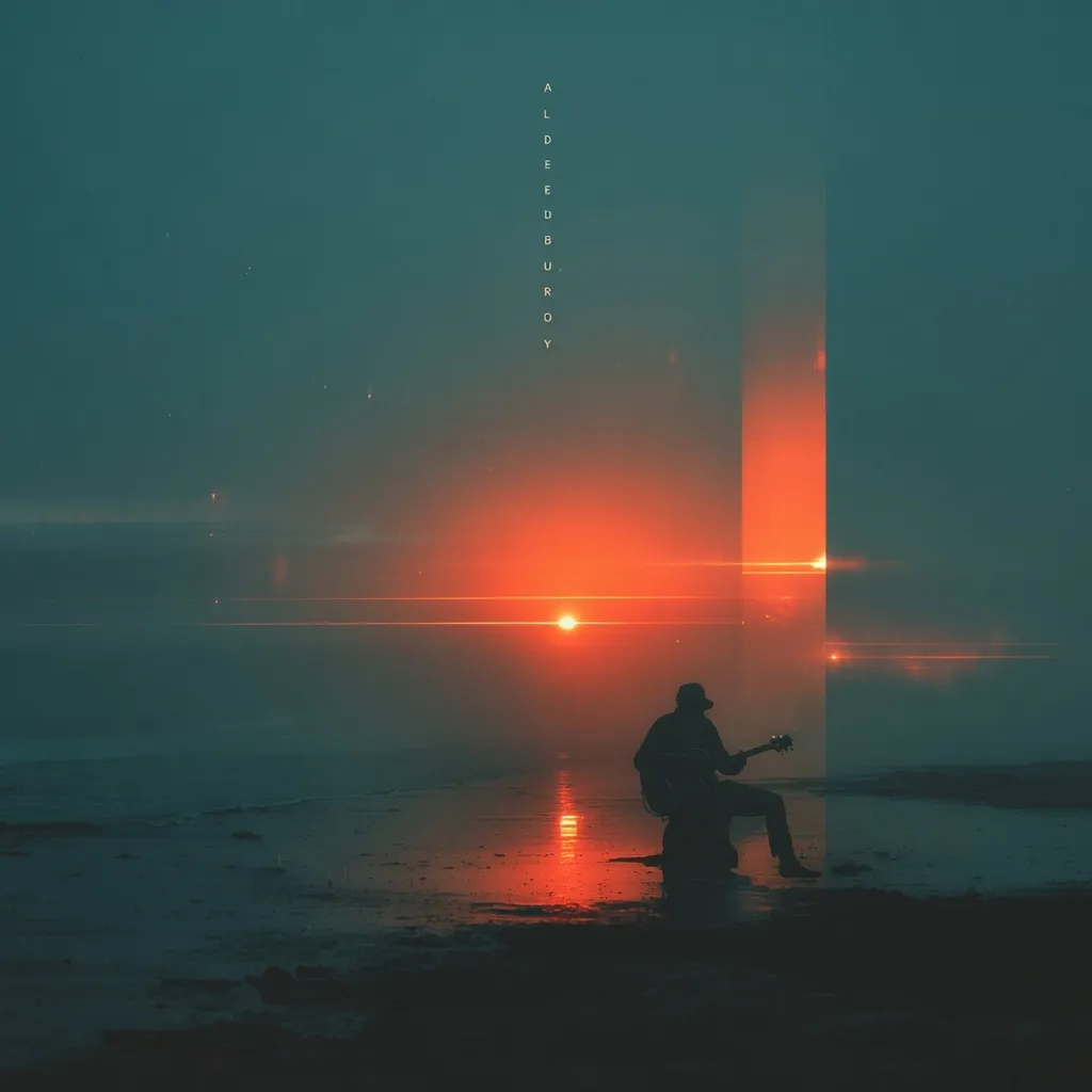 A silhouetted figure sits on a rock by the water's edge, playing a guitar.  The setting sun casts a vibrant orange glow across the tranquil scene, reflecting on the calm water. A tall, dark structure stands in the background, adding a mysterious element to the image.  The overall mood is serene and slightly melancholic, enhanced by the vertical text "ALDEBURDY" subtly placed in the center.
