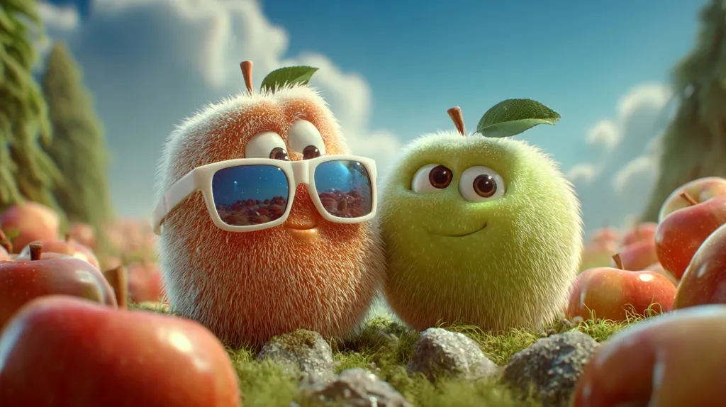 Two adorable, furry cartoon fruits, an orange peach and a green apple, are nestled amongst a field of red apples.  The peach sports white sunglasses, reflecting the surrounding orchard.  Both characters have large, expressive eyes and friendly smiles. The scene is bright and cheerful, set against a sunny sky.