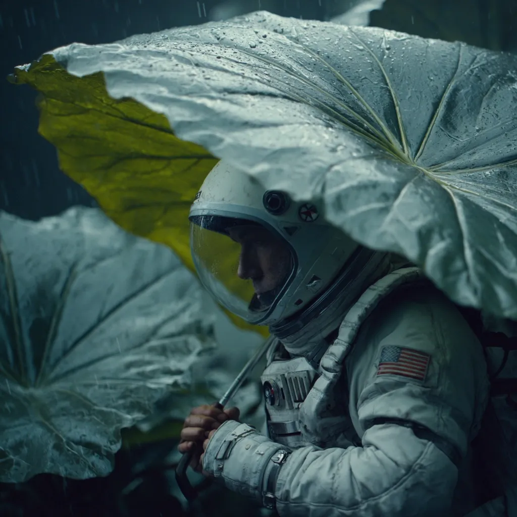 An astronaut in a white spacesuit, uses a giant, rain-soaked leaf as an umbrella.  The scene is dark and atmospheric, with rain falling heavily.  The astronaut's face is partially visible through the helmet's visor, and a small American flag is on their suit. The setting appears to be a lush, alien rainforest.