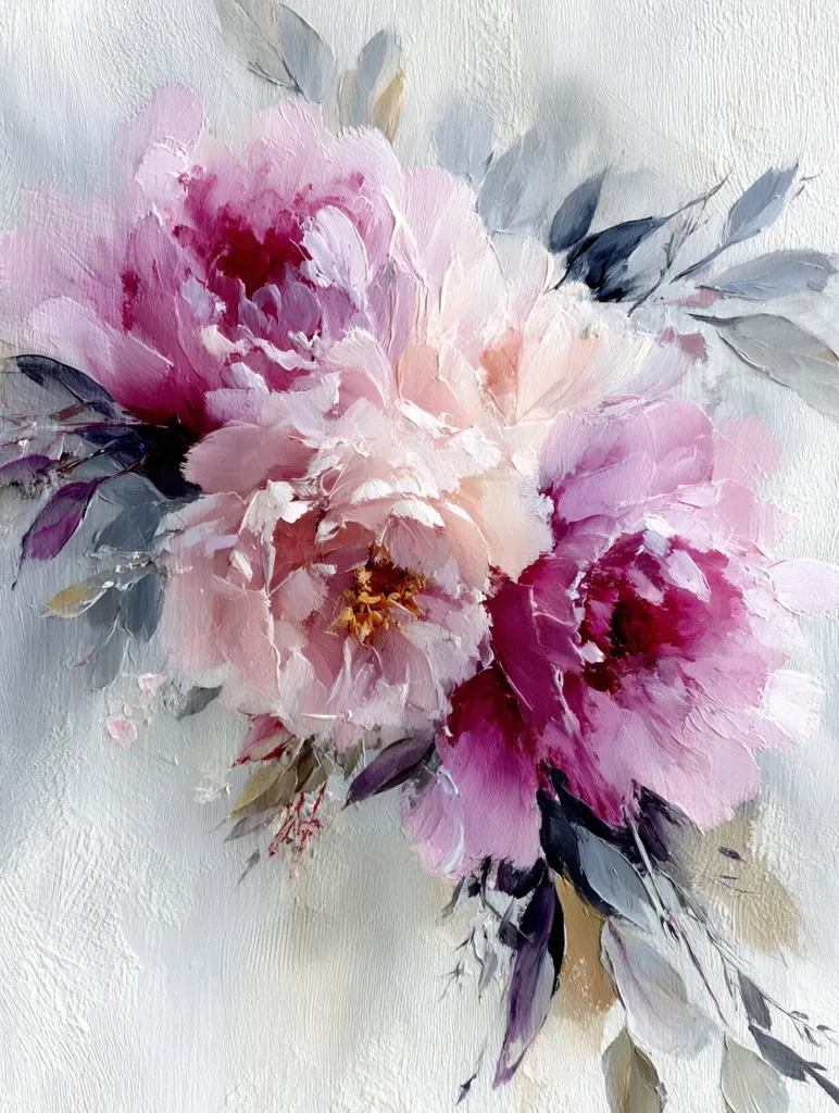A vibrant oil painting showcases a cluster of pink and purple peonies, their petals rendered with thick, textured brushstrokes.  The flowers are artfully arranged, with soft pinks transitioning to deeper purples at the edges.  Grey-green leaves provide a subtle contrast against the light, textured background, creating a romantic and impressionistic floral composition.