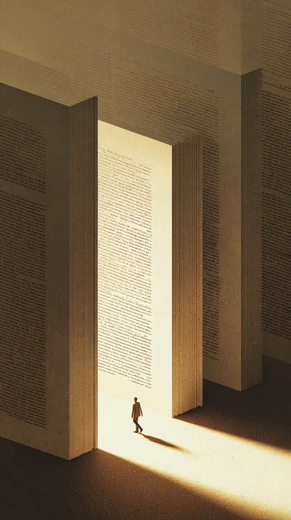A lone figure walks towards a bright opening formed by colossal book pages filled with dense text.  The pages create a pathway, suggesting a journey into knowledge or the vastness of literature.  The scene is surreal and evokes a sense of exploration and the power of stories. The light streaming from the opening emphasizes the path forward.
