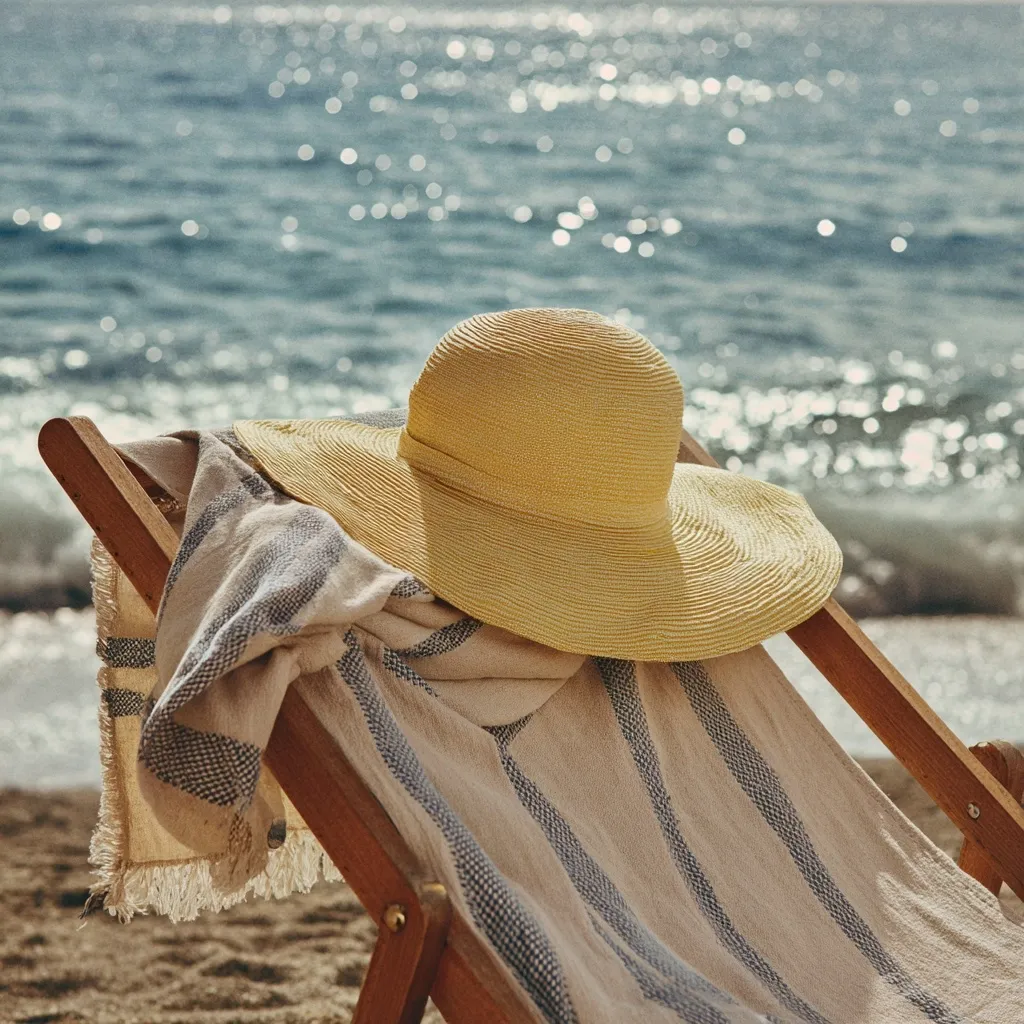 A pale yellow sun hat rests on a wooden beach chair draped with a striped beach towel. The background is a softly blurred expanse of sparkling ocean water.  The scene evokes a feeling of relaxation and summer vacation on a sunny beach. The sandy beach is visible at the bottom of the frame.