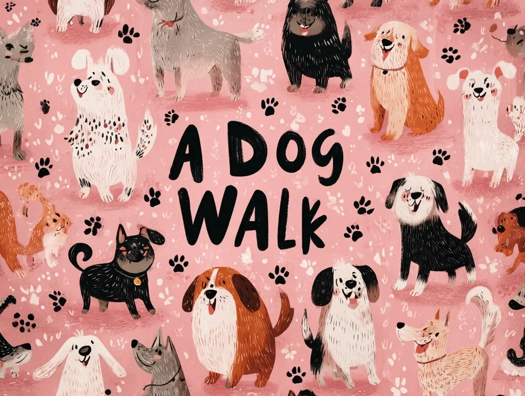 A pink background is adorned with a playful collection of dogs in various breeds and poses.  The phrase "A Dog Walk" is prominently displayed in bold, black lettering.  Each dog is uniquely styled with simple yet expressive features, creating a charming and whimsical illustration perfect for a children's book or pet-themed design.  Paw prints are scattered throughout the background, adding to the overall cheerful and energetic atmosphere.
