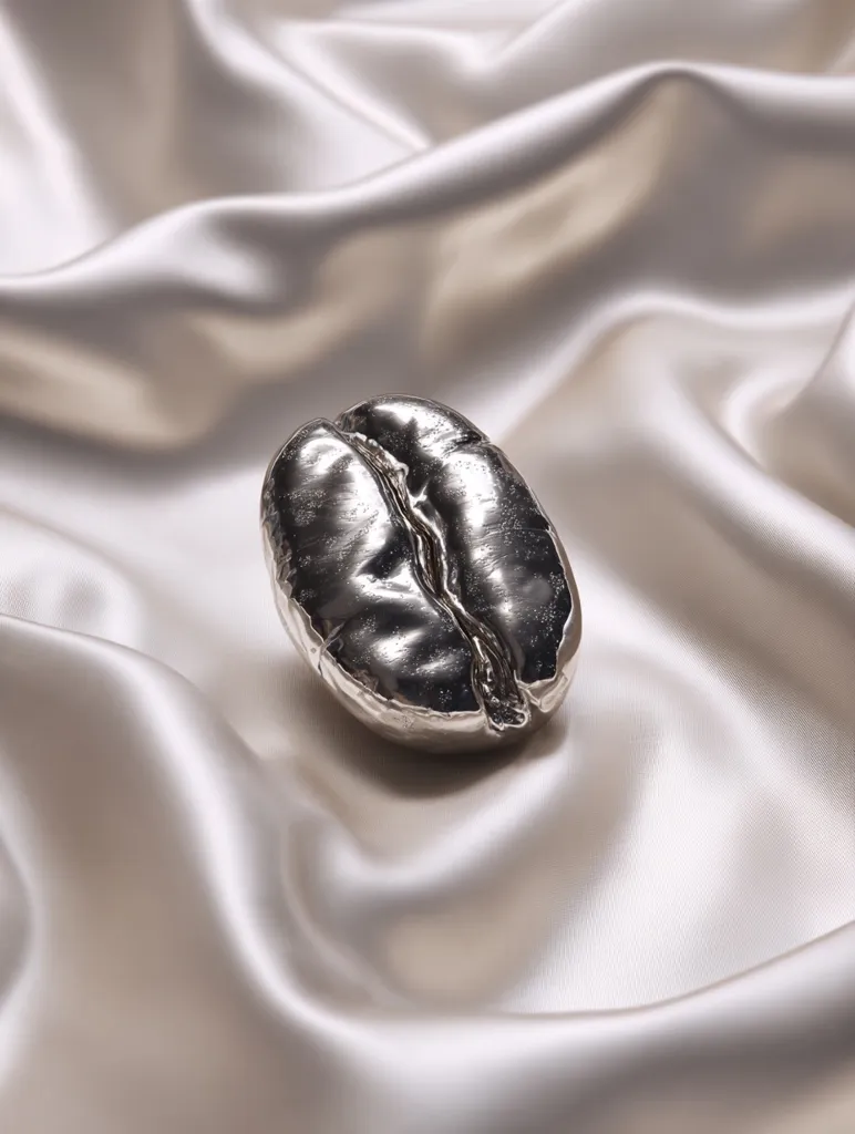 A single, metallic silver coffee bean rests on a luxurious, creamy-beige silk fabric. The bean is meticulously detailed, capturing the natural texture and subtle curve of a real coffee bean. The contrast between the smooth, reflective bean and the soft, flowing silk creates a visually striking image. The overall composition evokes a sense of elegance and sophistication.