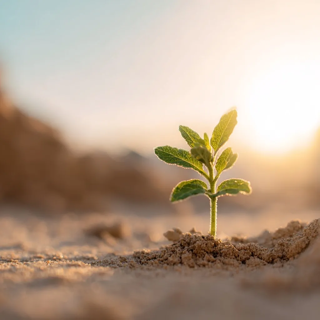 A small, vibrant green plant sprouts from sandy soil, bathed in the warm glow of the setting sun.  The background is softly blurred, showcasing a sandy landscape under a pale sky. The image evokes themes of resilience, growth, and hope in a seemingly harsh environment.  The delicate plant stands out against the muted tones of the desert setting.