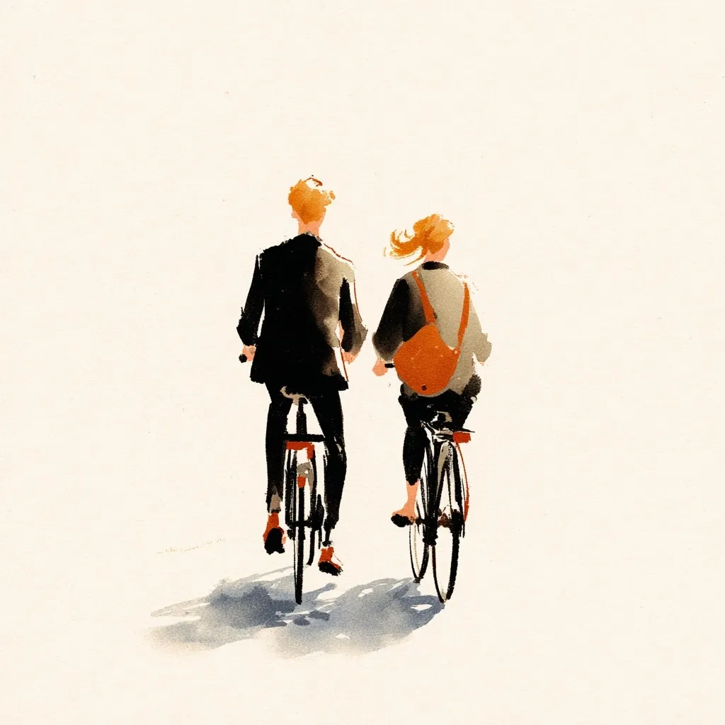 A watercolor painting depicts a couple riding bicycles away from the viewer.  The man, with blond hair, wears a dark suit, while the woman, with reddish-blonde hair, carries an orange bag.  Their bikes are simple, and the style is loose and impressionistic, conveying a sense of movement and light.  The background is a pale, almost blank canvas, focusing attention on the figures.