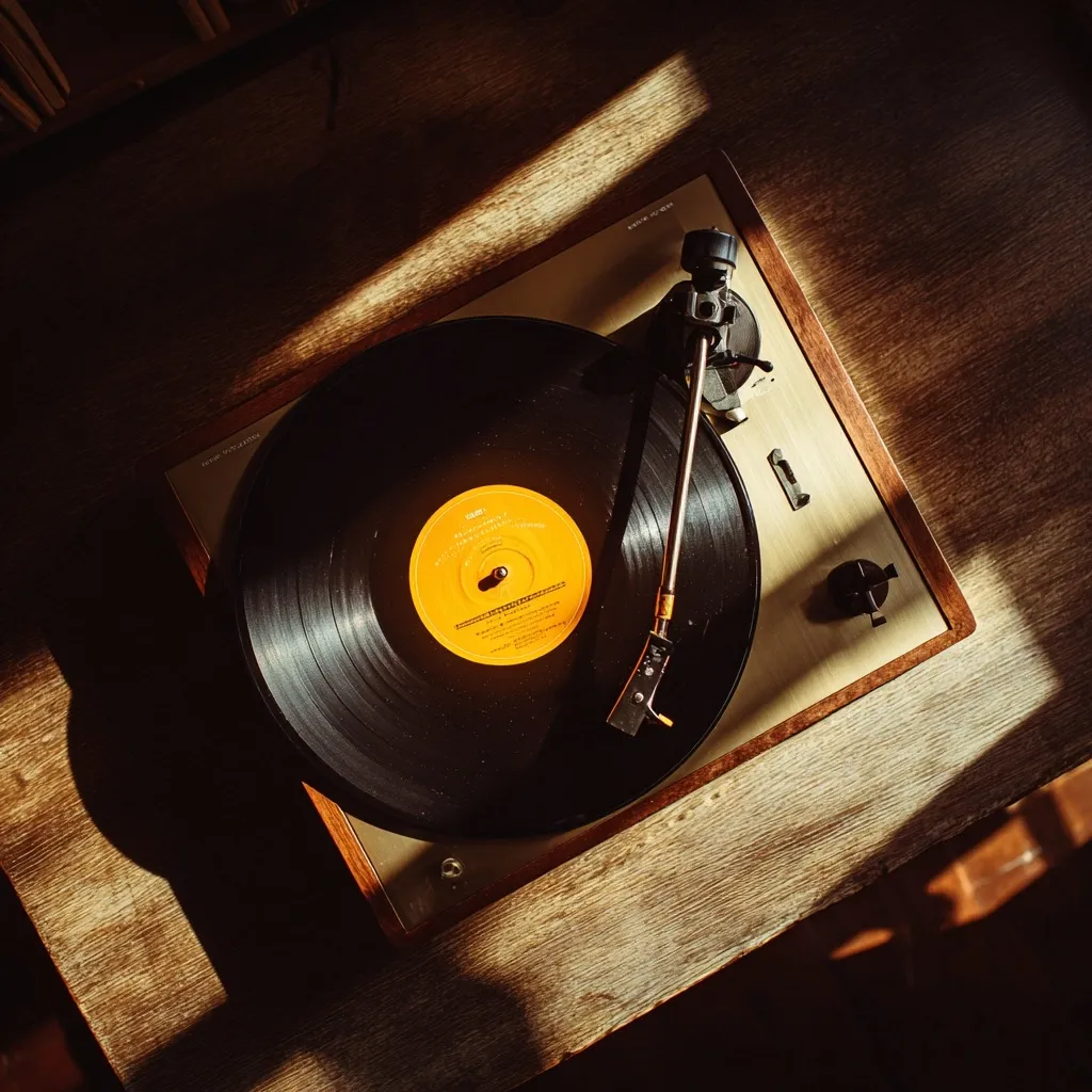 A vintage record player sits on a wooden surface, bathed in sunlight.  A black vinyl record spins on the turntable, its orange label visible. The tonearm rests gently on the record, capturing the analog sound. The warm light casts shadows, enhancing the nostalgic ambiance of the scene.  The overall image evokes a feeling of classic music and timeless style.