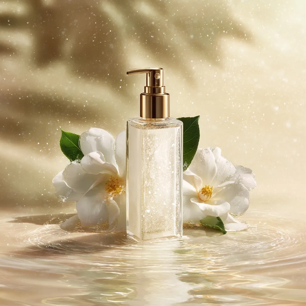 A luxurious bottle of shimmering, golden lotion sits on a reflective surface, surrounded by delicate white camellia blossoms.  The pump dispenser is gold, complementing the light, sparkly liquid inside. The background is a soft, golden hue, enhanced by subtle light and shadow.  The overall aesthetic is one of elegance and serenity, suggesting a high-end beauty product.