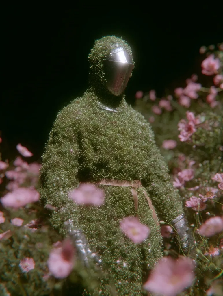 A figure, seemingly a knight in full armor, is completely covered in lush green moss.  The metallic helmet and gauntlets are visible through the dense vegetation. This mossy knight stands amidst a field of soft pink flowers, creating a surreal and dreamlike juxtaposition of nature and metal. The overall ambiance is one of quiet mystery and enchanting contrast.
