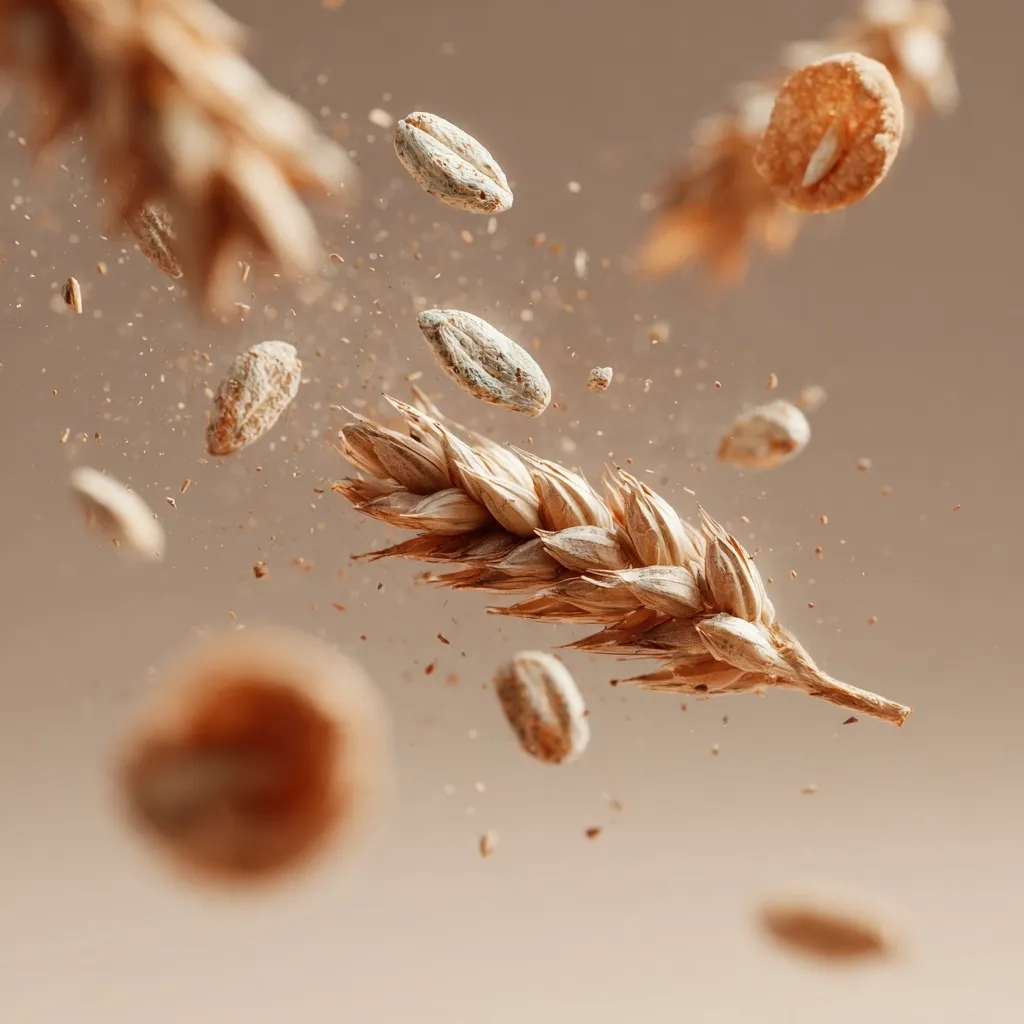 A wheat stalk and oat pieces are captured mid-air against a muted beige backdrop.  The image showcases the grains in dynamic motion, creating a sense of lightness and energy.  Dust motes add to the overall ethereal feel, emphasizing the natural, wholesome quality of the ingredients. The focus is sharp on the wheat, with the surrounding oat pieces slightly blurred, creating a depth of field effect.