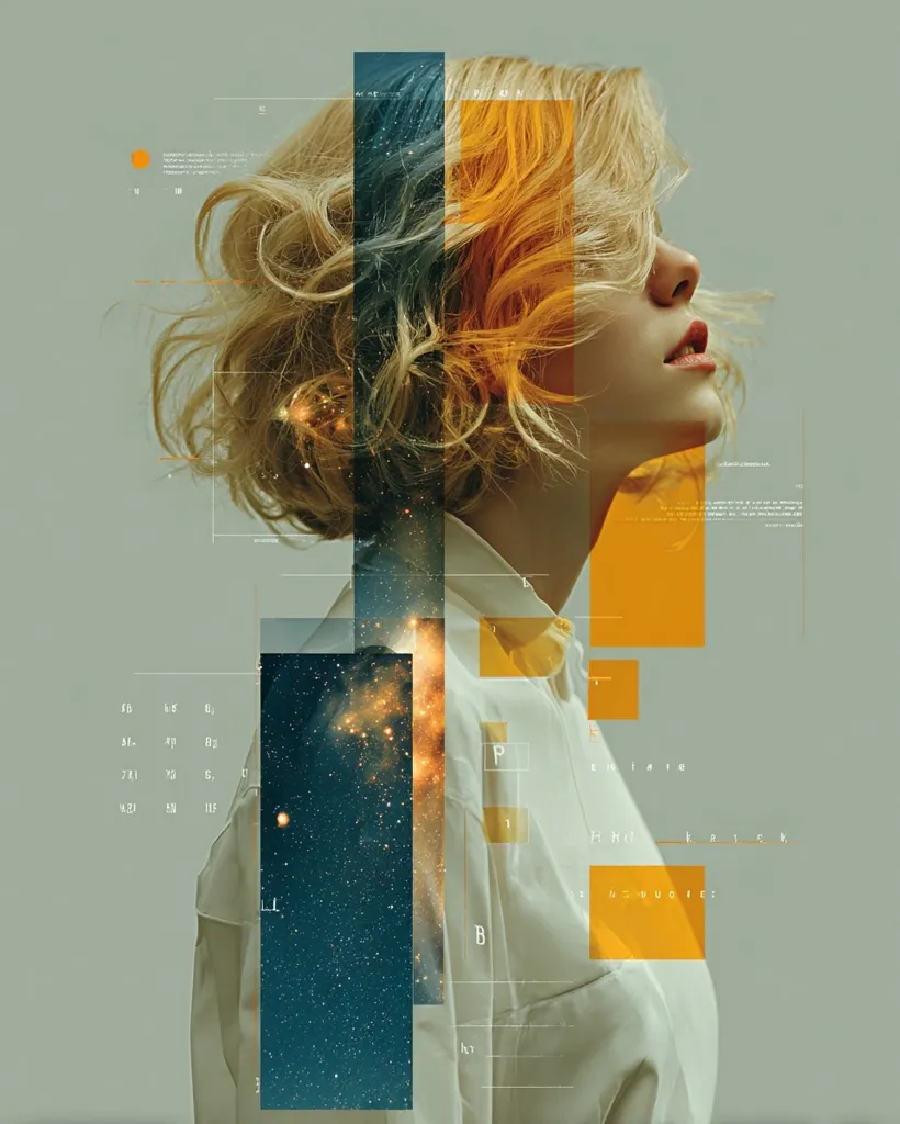 A stylized portrait of a woman with blonde, wavy hair.  Her profile is presented against a muted green backdrop.  Sections of the image are overlaid with graphic elements including rectangular boxes in orange and teal, and a cosmic nebula image, creating a surreal and futuristic aesthetic.  Minimalist text is integrated into the design.  The overall effect is a blend of feminine beauty and technological abstraction.
