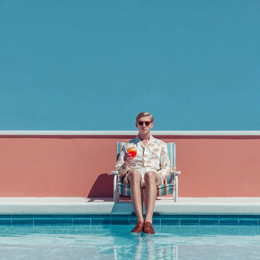 A stylish man with blond hair sits in a striped deck chair by a pastel pink pool wall. He wears a floral shirt, white shorts, and sunglasses, holding a vibrant cocktail. The clear blue sky provides a stark contrast to the scene.  His relaxed posture and the idyllic setting evoke a sense of calm and summer leisure.