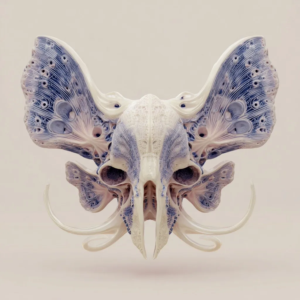 The image showcases a meticulously detailed, three-dimensional rendering of a skull-like creature.  Its design incorporates elements reminiscent of butterfly wings and intricate, organic textures.  The color palette is muted, with off-white and pale blue hues creating a surreal and somewhat unsettling aesthetic. The creature's symmetrical features contribute to its striking visual impact.