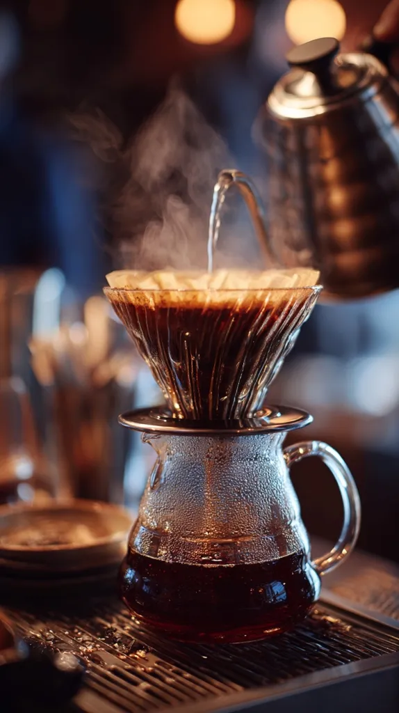 Hot water pours from a polished steel kettle into a glass pour-over coffee maker.  The steam rises dramatically, showcasing the brewing process.  The coffee drips into a clear carafe sitting on a metallic warming plate. The scene is dimly lit, focusing on the coffee preparation.  The rich, dark coffee is the centerpiece of the image.