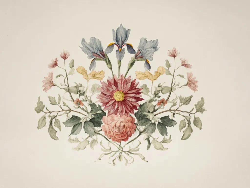 A delicate watercolor floral arrangement features a central crimson chrysanthemum flanked by a pair of soft blue irises.  Smaller pink and yellow flowers, and lush green foliage, create a symmetrical, almost crest-like composition.  The overall style is reminiscent of botanical illustration, showcasing fine detail and soft color blending. The pale background enhances the floral centerpiece's elegance.