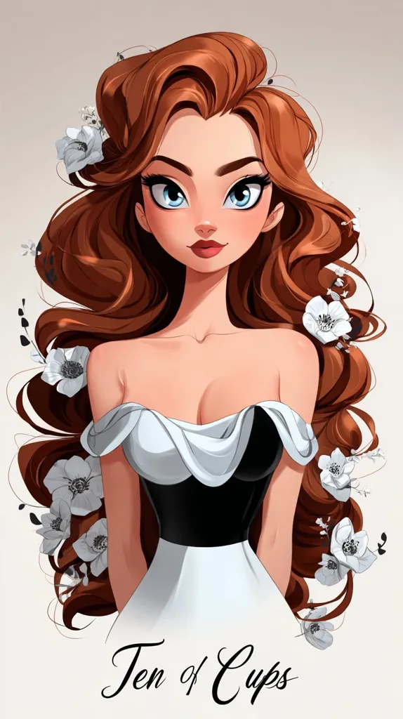 A stylized illustration of a woman with long, auburn curls adorned with white flowers.  She wears an off-the-shoulder black and white dress. Her large, expressive eyes and full lips contribute to a charming, cartoonish aesthetic. The image is titled "Ten of Cups," suggesting a connection to tarot imagery. The overall style is smooth and digitally rendered, with a focus on soft lighting and vibrant color.