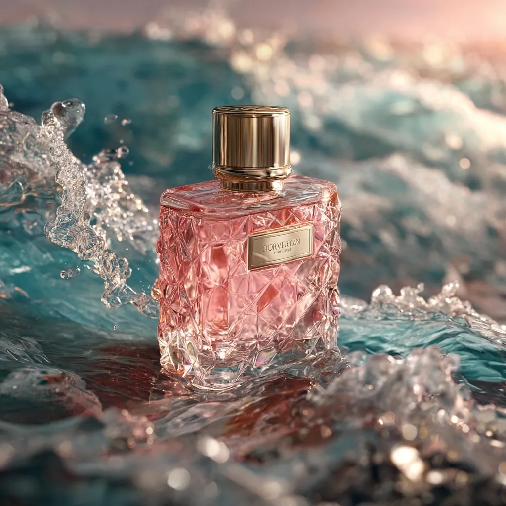 A bottle of Dorvdiam perfume rests on a bed of water, creating a wave-like effect.  The perfume bottle is rose-gold,  faceted and luxurious in appearance. The background is blurred, focusing attention on the perfume bottle and the glistening water. The scene evokes a sense of luxury, serenity, and femininity.