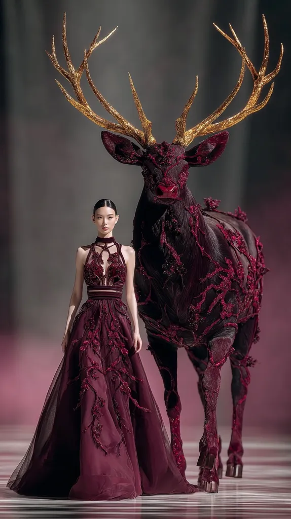 A model in a richly embroidered, dark burgundy gown stands beside a stylized deer.  The deer's antlers are gold, and its body is intricately decorated in a matching maroon, mirroring the dress's design. Both the dress and the deer possess a fantastical, almost otherworldly quality, creating a dramatic and captivating image. The setting appears to be a fashion runway.