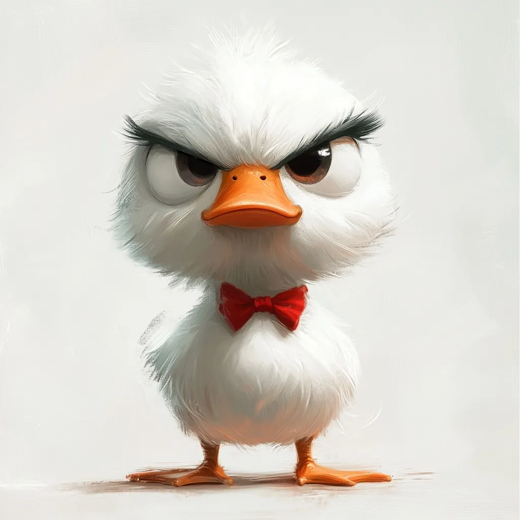 A digitally painted illustration depicts a fluffy white duckling with a stern expression.  Its large, dark eyes glare intensely, accentuated by dark eyelashes.  A small, bright red bow tie adorns its chest. The duckling stands upright, its orange feet firmly planted, against a plain, light-grey background. The style is reminiscent of children's book illustration or animation.
