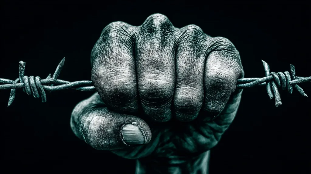 A close-up shot reveals a weathered hand, clenched into a fist, firmly gripping a strand of barbed wire. The image is stark, rendered in shades of dark teal and black, creating a dramatic contrast.  The texture of the skin and wire is highly detailed, emphasizing the hand's strength and the wire's sharp, unforgiving nature. The overall effect is one of powerful restraint or confinement.