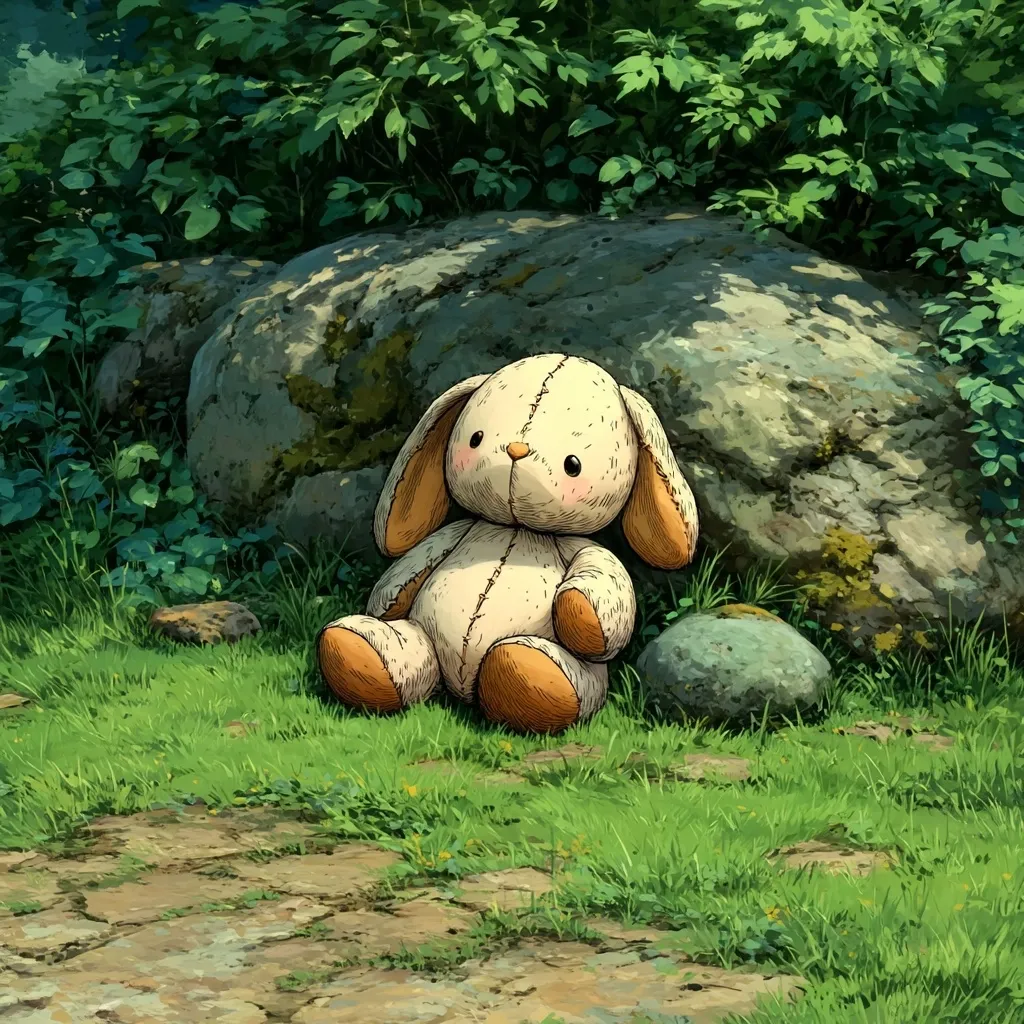 A whimsical illustration depicts a beige stuffed bunny rabbit seated on a grassy patch beside a large rock.  The rabbit has orange inner ears and paws, and a slightly worn appearance.  Lush green foliage surrounds the scene, suggesting a tranquil outdoor setting. A smaller stone rests near the bunny's feet. The path is cobbled, adding to the idyllic, storybook charm.