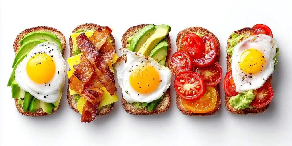 Five gourmet open-faced sandwiches are arranged in a row on a white background. Each features toasted bread topped with a fried egg and a different combination of ingredients: avocado, bacon, and sliced tomatoes.  They showcase a vibrant and appetizing breakfast or brunch spread.