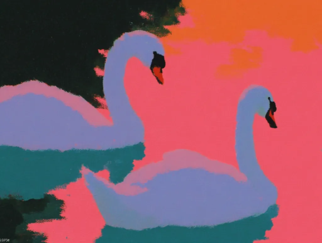 A stylized artwork depicts two swans on a vibrant pink and orange background. The swans are rendered in muted blues and purples, contrasting sharply with the warm tones of the water and sky.  The painting style is loose and expressive, with visible brushstrokes contributing to a dreamy, almost surreal atmosphere. The dark teal water adds depth to the composition.