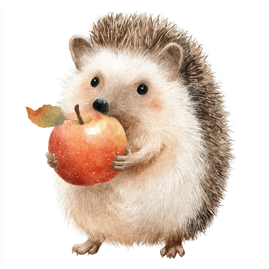 A watercolor painting of an adorable hedgehog gently holding a ripe red apple.  The hedgehog is depicted with soft, brown and beige fur, and large, expressive eyes.  The apple has a vibrant color and a single leaf attached to its stem. The image is charming and evokes a sense of autumn.